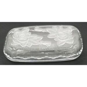 Home Beautiful Crystal‎ Glass Rectangular Dish Frosted Roses Lid Trinket Japan